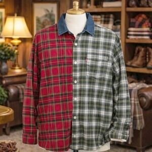 Levi's Plaid Button Down Shirt Mens L Red Green Colorblock Denim Collar Grunge